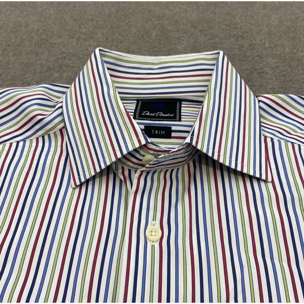 David Donahue Dress Shirt Mens Medium 15.5 - 34/35 Striped Trim Fit‎ Barrel Cuff